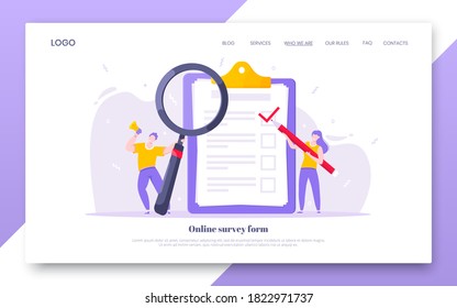 Online Survey Form Business Concept With Tiny People With Megaphone, Pencil Nearby Giant Clipboard Complete Checklist And Check Mark Ticks Flat Style Design Vector Illustration Landing Page Template.