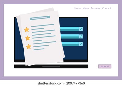 Online survey form or check list. Choose a digital test, exam, questionnaire or quiz. Question, answer selected, star and check mark on a laptop screen. Result of a survey form, schedule. Vector 