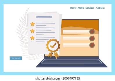 Online survey form or check list. Choose a digital test, exam, questionnaire or quiz. Question, answer selected, star and check mark on a laptop screen. Result of a survey form, reward. Vector 