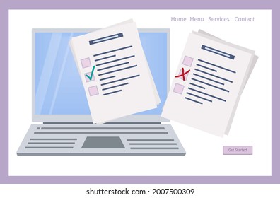 Online survey form or check list. Choose a digital test, exam, questionnaire or quiz. Question, answer, yes, no selected and check mark on a laptop screen, remotely. Result of a survey form. Vector