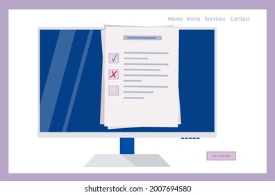 Online survey form or check list. Choose a digital test, exam, questionnaire or quiz. Question, answer, yes, no selected and check mark on a laptop screen, remotely. Result of a survey form. Vector