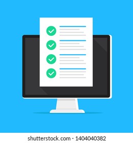 Online survey, form, checklist on computer screen. Vector illustration. Flat design. Questionnaire, online form concepts