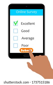 Online survey form. A computer tablet with a checklist on the screen. Hand is on the make a choice button. Stock vector illustration on a white isolated background.