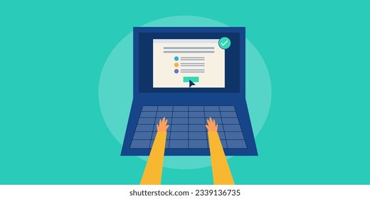 Online survey form. Customer online feedback. Check list. Working on laptop, Office job. Digital marketing. Type on keyboard. Vector illustration background,
