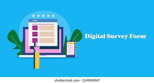 Online survey, online survey form, do list, checklist - flat design vector illustration with icons and texts