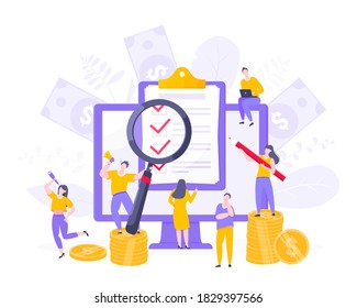 Formulario de encuesta en línea o aplicación de examen en la pantalla del monitor, formulario de solicitud, portapapeles y personas pequeñas trabajando juntas. Cuestionario de Internet, metáfora del concepto de ilustración vectorial de la prueba de educación en línea.