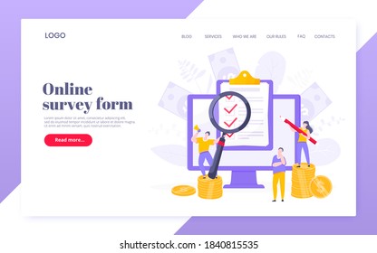 Online survey form or exam application on the monitor screen, claim form, clipboard and tiny people working together. Internet questionnaire, online education quiz vector illustration web template.