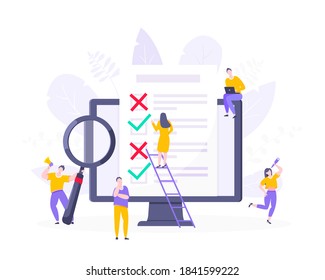 Formulario de encuesta en línea o aplicación de examen en la pantalla del monitor, formulario de solicitud, portapapeles y personas pequeñas trabajando juntas. Cuestionario de Internet, metáfora del concepto de ilustración vectorial de la prueba de educación en línea