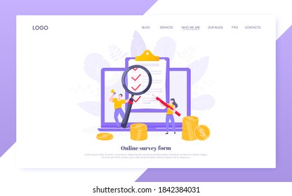 Online survey form or exam application on the monitor screen, claim form, clipboard and tiny people working together. Internet questionnaire, online education quiz vector illustration web template.