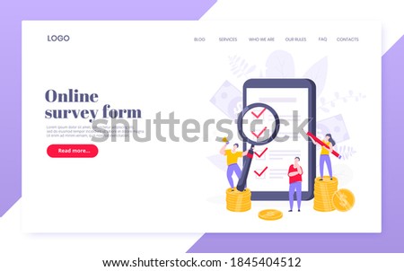 Online survey form or exam application on the phone screen, claim form, clipboard and tiny people working together. Internet questionnaire, online education quiz vector illustration web template.