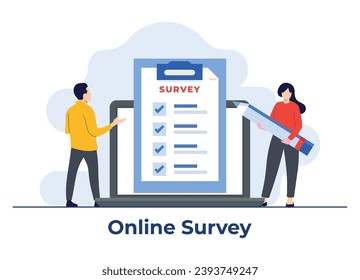 Online survey form on the laptop screen flat illustration vector concept, people filling survey form, Feedback service, Laptop with a checklist, Online test