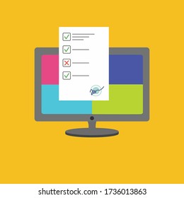 Formulario de encuesta en línea sobre PC, ilustración de vectores de computadora, monitor que muestra el documento de prueba en papel, concepto de voto electrónico en Internet, capacitación en la web