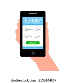 Online survey form on a smartphone with a pointing look. Customer feedback concept. Calculation illustration in flat style isolated on white background. Phone in hand rating feedback form.