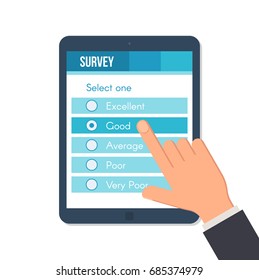 Online Survey Form On The Tablet Screen With The Index Finger. Customer Service Feedback Concept. Vector Illustration In Flat Style Isolated On White Background