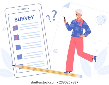 Online Survey.  Gray-haired woman answering questions in internet questionnaire. Concept of online public survey, statistical study or opinion poll.