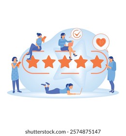 Online survey. A group of people gave five-star ratings with digital devices. Online Survey concept. Flat vector illustration.