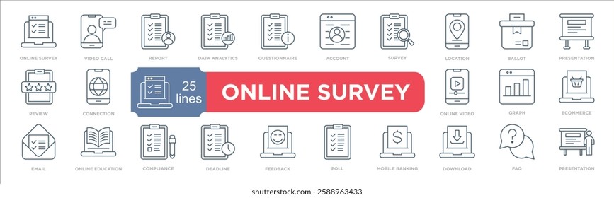 Online survey icon collection set. Containing design online survey,video call,report,data analytics