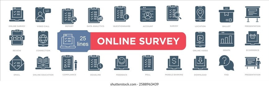 Online survey icon collection set. Containing design online survey,video call,report,data analytics