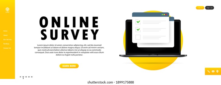 Online Survey Illustration. Check List Online Form On Laptop. Report On Website Or Web Internet Survey, Exam Checklist.