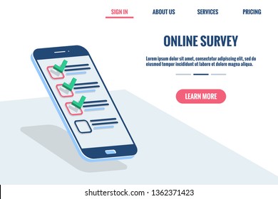 Online survey interface concept on smartphone screen. Mobile phone with checklist flat perspective vector illustration on white background. Can be used for infographics, banner, landing, web design.