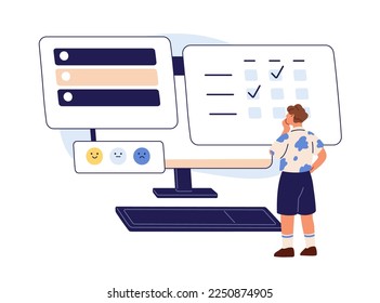 Online survey, internet feedback, user review, opinion, marketing questionnaire concept. Customer assessing service quality, answering question. Flat vector illustration isolated on white background