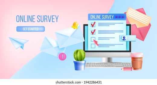 Online survey, internet questionnaire, poll vector web page template, illustration, computer screen. User feedback, customer experience, review banner, cactus, envelopes. Online survey background