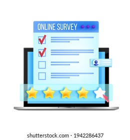 Online survey, internet questionnaire vector web form illustration, laptop screen, stars, checkbox. Customer feedback, user experience report, digital vote, review. Online survey isolated 3D concept