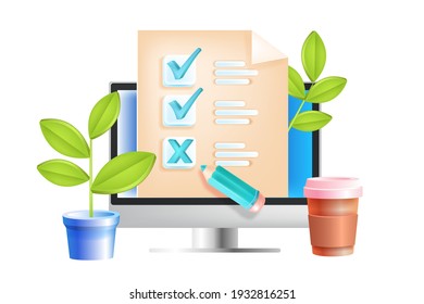 Encuesta en línea, cuestionario de internet, retroalimentación web, concepto de vector de prueba de educación, pantalla de computadora. Informe de prueba digital, investigación de marketing, ilustración de revisión de calidad. Encuesta SMM en línea, casillas de verificación
