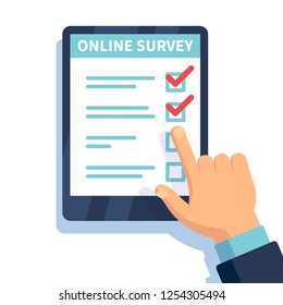 Online survey. Internet surveying, hands holding tablet with test form. Mobile questionnaire, customers voting vector concept