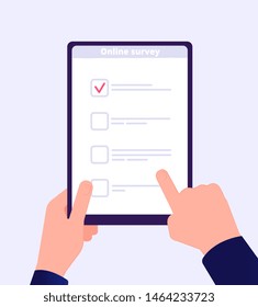 Online survey. Internet surveying list hand holding tablet web test form. Mobile questionnaire customers voting application vector. Checklist online, check screen survey, questionnaire list