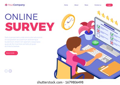 Online survey with isometric characters. feedback online chat. questionnaire form from computer. survey research. landing page template. isometric vector illustration