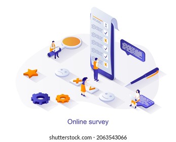 Online survey isometric web concept. People tick answers in opinion questionnaire. Online voting, digital checklist paper sheet for exam scene. Vector illustration for website template in 3d design