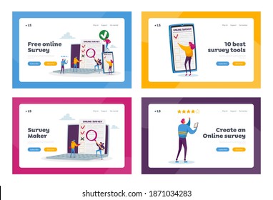 Online Survey Landing Page Template Set. Tiny Characters Filling Digital Form on Huge Laptop and Smartphone Application. Customer Feedback, Service Rate, Voting. Cartoon People Vector Illustration