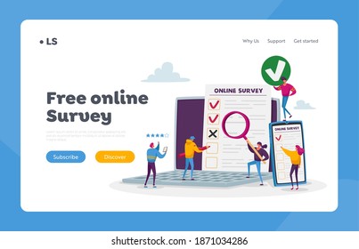 Online Survey Landing Page Template. Tiny Characters Filling Digital Form on Huge Laptop and Smartphone Application. Customer Feedback, Service Rate, Voting. Cartoon People Vector Illustration