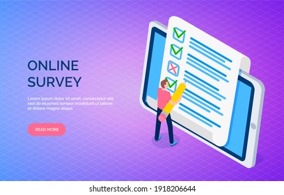 Online survey landing page template with man makes marks in list. Customer service feedback on phone. Student fills out questionnaire on tablet. Sociological research collecting opinion of respondents