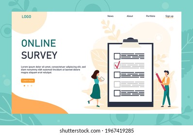 Online survey landing page template with header. Man holding pencil while looking at a completed checklist on a clipboard. Can use for web banner, infographics, hero images. Flat vector illustration.