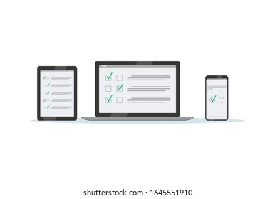 	
Online survey. Laptop, tablet and phone. Online form survey. Isolated vector illustrations