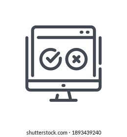 Icono de línea de encuesta en línea. Equipo con signo de contorno de tabulación abierto y de vector de lista de verificación.