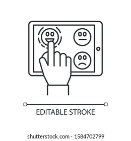 Online survey linear icon. Feedback. Hand picking emoticon on tablet display. Customer satisfaction level. Thin line illustration. Contour symbol. Vector isolated outline drawing. Editable stroke