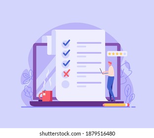 Online Survey. Man with Laptop Choosing Answer or Giving Feedback and Opinion in Survey Form. Concept of Client Feedback, Quality Test, Checklist, Customer Review. Vector illustration for Web Design