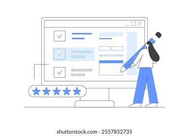 Online survey on Computer Screen and rating scene. Character answer questions and filling survey form. User experiences. Professional Display of Digital Questionnaire. Flat Cartoon Vector Illustration