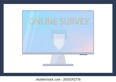 Encuesta en línea en una laptop o pantalla de computadora. Nombre de la encuesta, prueba o prueba en el escritorio. La página de título del formulario de examen en línea para educación, formación. Elección de las respuestas del usuario.Vector 