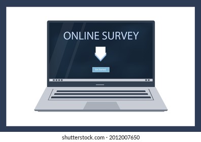 Online survey on a laptop or computer screen. The name of the survey, test, or quiz on the desktop. The title page of the online exam form for education, training. Choice of user responses.Vector 