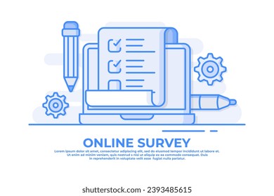 Online survey on laptop computer flat illustration for web banner, website, infographics, Quiz exam paper sheet document, clipboard with checkboxes, checklist, complete tasks, To-do list,