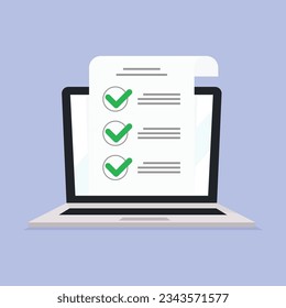 Online survey on laptop. Customer experience feedback concept. Correct answer on computer test. Finance business checklist clipboard