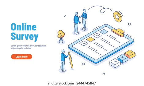 Online Survey outline isometric. People characters filling test in customer survey form. Woman and man putting check mark on checklist. Customer experiences and satisfaction vector concept. 