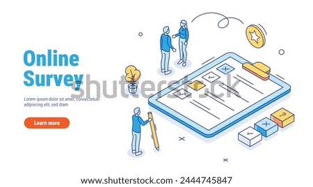 Online Survey outline isometric. People characters filling test in customer survey form. Woman and man putting check mark on checklist. Customer experiences and satisfaction vector concept. 
