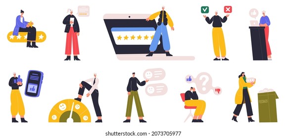 Online survey, people choosing answer or giving feedback. Characters making decision, rating, filling survey list vector illustration set. Customer service survey. Concept feedback online