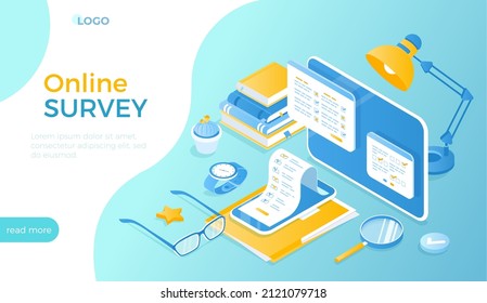 Online Survey and Polling. Online survey form on tablet and phone screen. Internet mobile questionnaire for customer satisfaction. User feedback. Isometric vector illustration for website.