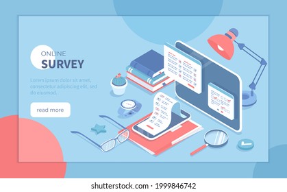 Online Survey and Polling. Internet mobile questionnaire. Survey form on on tablet and phone screens. Isometric vector illustration for poster, presentation, banner, website.